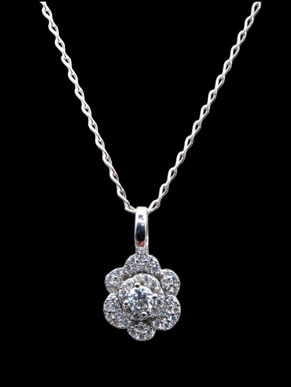 0.30 CTW Moissanite Italian Solid 925 Silver Black Rhodium Floral Halo Necklace